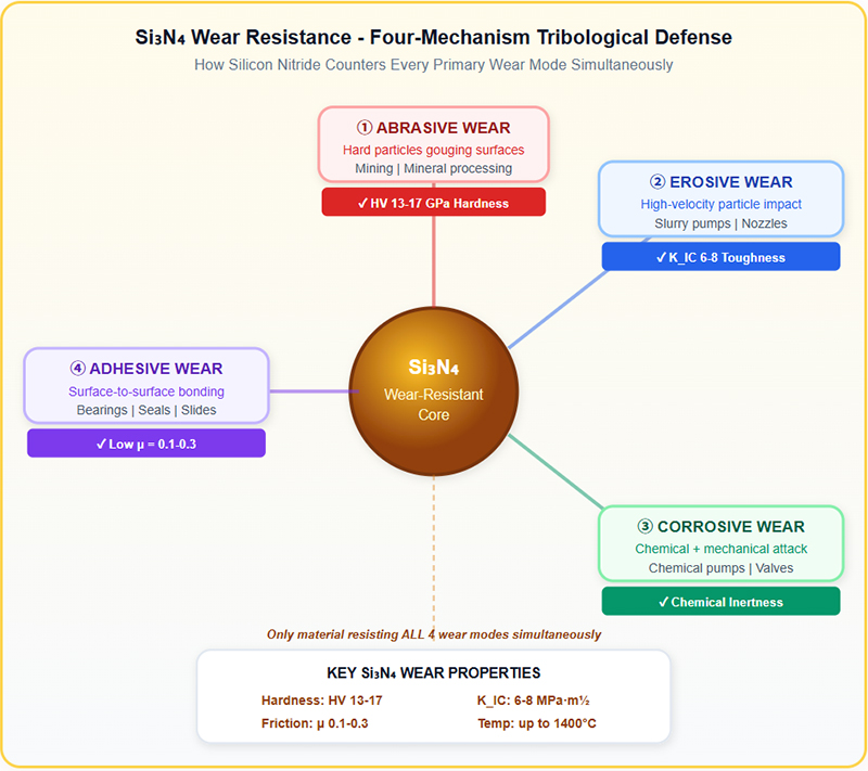 Si₃N₄ Wear Resistance - Four-Mechanism Tribological Defense