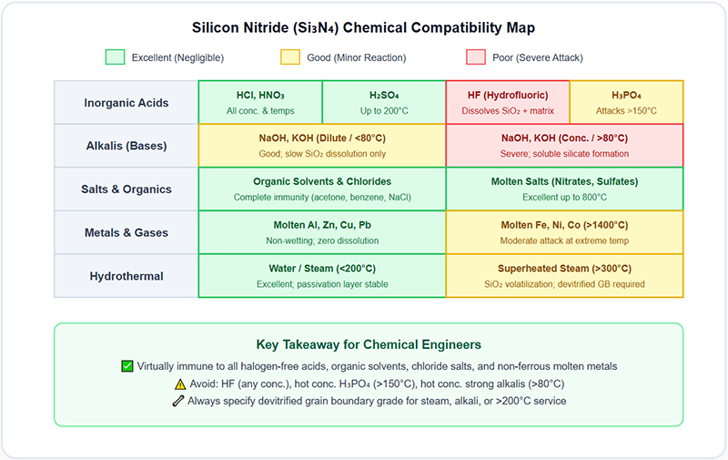 Silicon Nitride (Si₃N₄) Chemical Compatibility Map