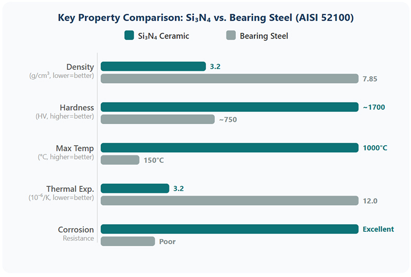 Key Property Comparison: Si₃N₄ vs. Bearing Steel (AISI 52100)